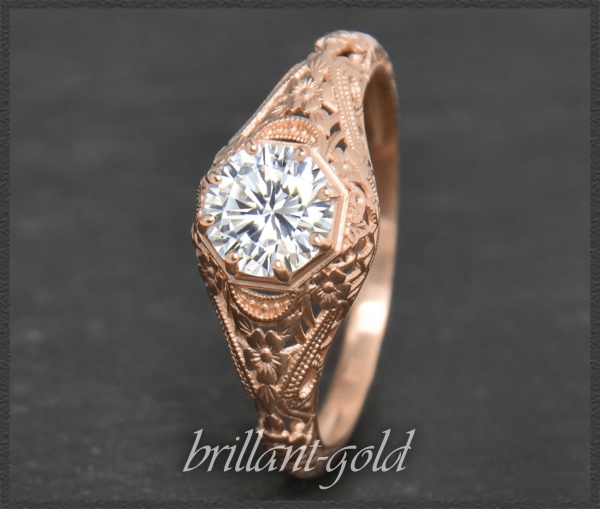 Diamant Ring 585 Rotgold 0,94ct, Jugendstil Design